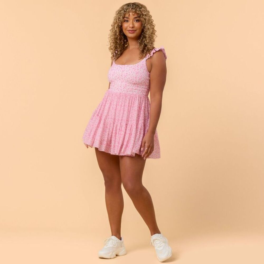 Blogilates Women's Mommy & Me Ballerina Ruffle Dress - Pink Floral Print 1X